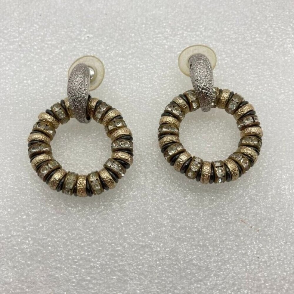 Vintage Monet Dangle Pierced Earrings‎ Textured Silver Gold Tone Crystals Signed